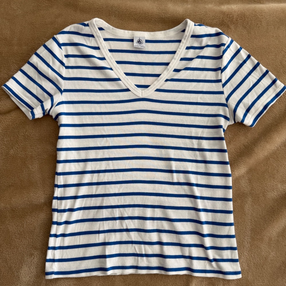 Petit Bateau Organic Cotton Blue White Striped V-Neck T-Shirt Small